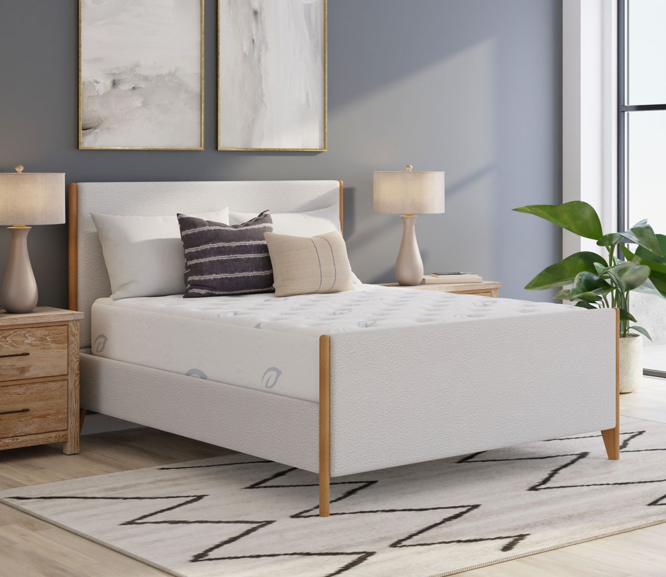 PranaSleep mattress on upholstered bed frame